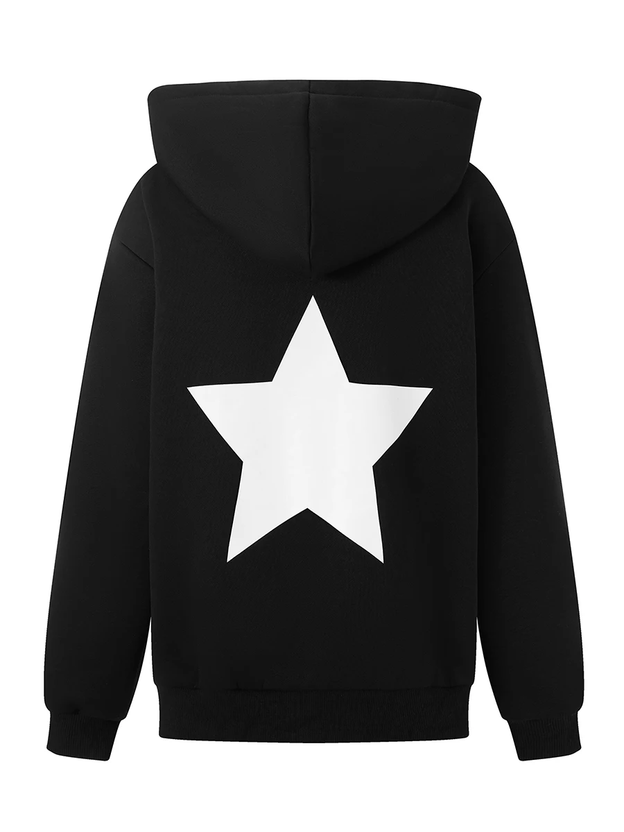 wsevypo Autumn Dark Black Oversized Hoodies Women\'s Back Star Print Long Sleeve Zip Up Hooded Coats with Pockets Grunge Punk Top