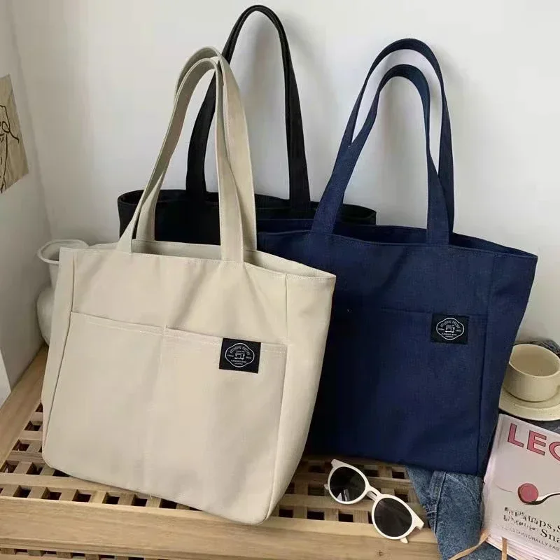 Women Canvas Tote Bag Solid Color Designer Ladies Casual Handbag Shoulder Bag Large Capacity Cotton Reusable Shopping Beach Bag