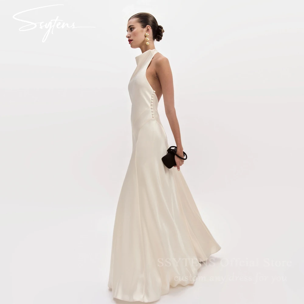 SSYTENS Abiti da sposa sexy in raso di seta senza schienale Collo alto Abiti da sposa semplici da spiaggia personalizzati da donna Abiti da festa formali bianchi