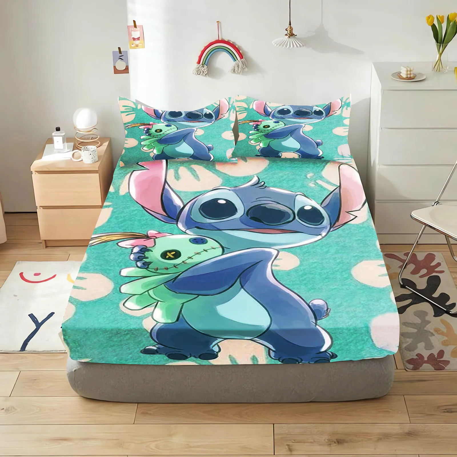 Stitch Cartoon Cute Home Decor Fitted Sheet Bedding Set 2/3-Piece Set Nordica  100% Polyester Anime Plush