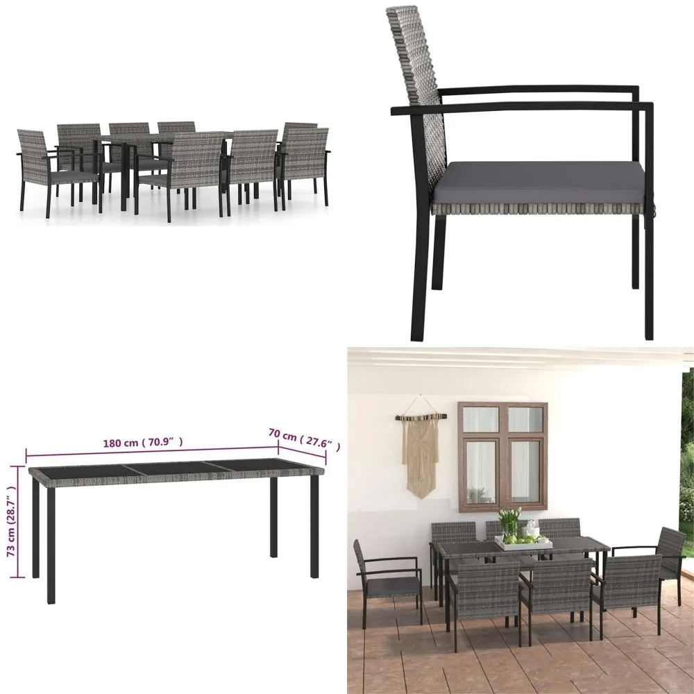 

9pc Rattan Dining Set Steel Frame Glass Top Weather Cushions Seats 9 Garden Customized