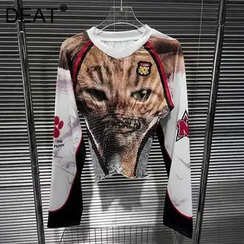DEAT Fashion Women's Pattern Printed Waist Stretch Design T-shirts New Arrival O-neck Contrast Color Short Tops Female 11A03504 1