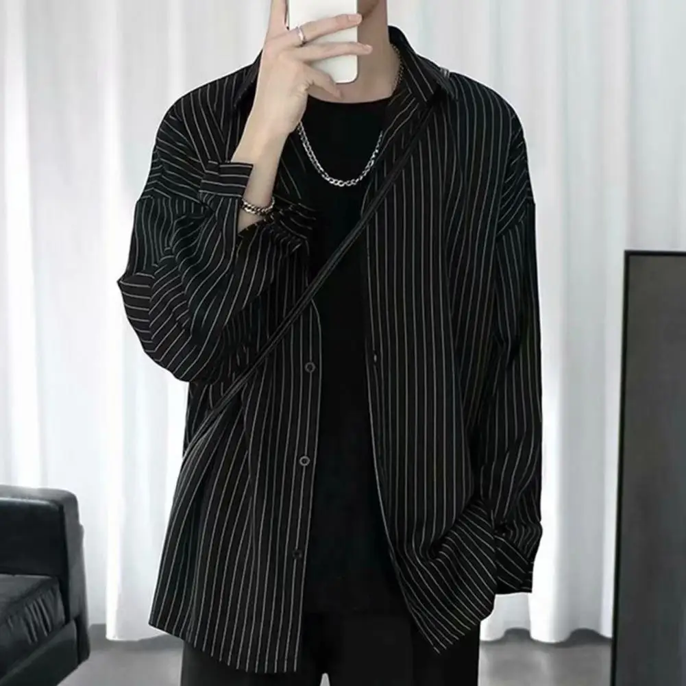 

Fall Spring Men Shirt Turn-down Collar Striped Shirt Single-breasted Long Sleeve Casual Japanese Style Men Mid Length Top