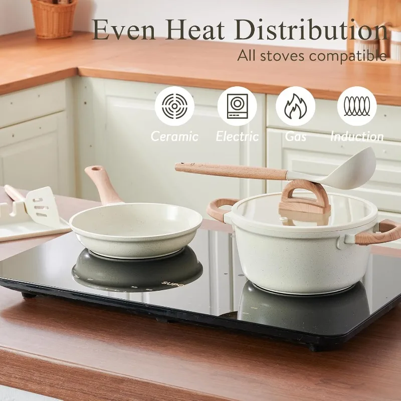 22 قطعة طقم أواني ومقالي غير لاصقة وغير سامة من السيراميك أطقم أواني طهي المطبخ غير لاصقة وعاء ومقلاة مع غطاء كريمي أبيض جرانيت Inducti