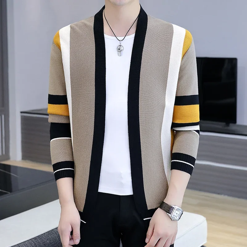 Cardigan de malha manga comprida masculino, suéter listrado, casaco justo, streetwear, jaqueta de moda, primavera, outono