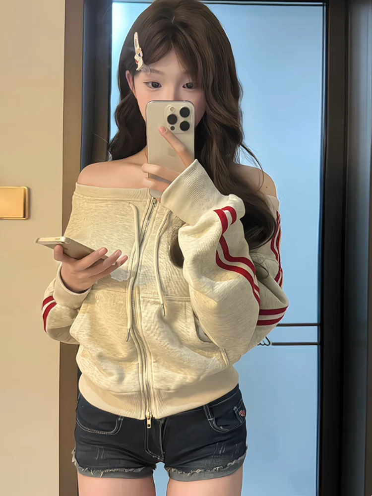 American Design Oulder Bared Sweatirt Damen Frühling Herbst Ort Sle Side Oulder One Word Collar Jaet Street Sle