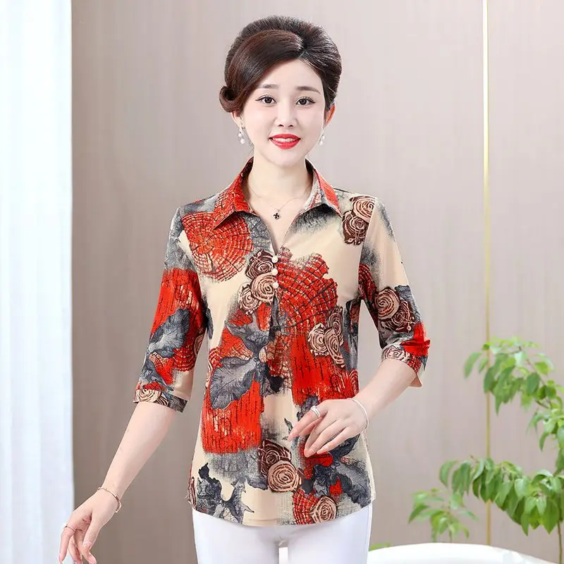 T-shirt con colletto a camicia estiva per la madre Top Abbigliamento da donna di mezza età Camicia base dimagrante con temperamento a manica media