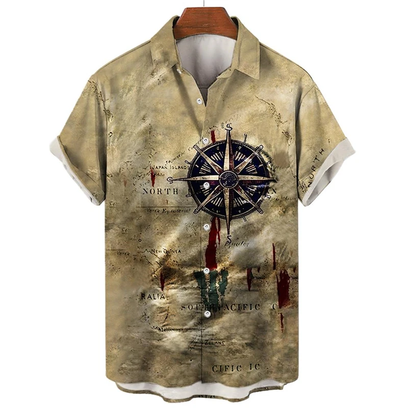 Vintage Short Sleeve Shirt For Men 3d Compass Printed Shirt Nautical Tops Summer Sweatshirt Designer Oversized Men's Clothing