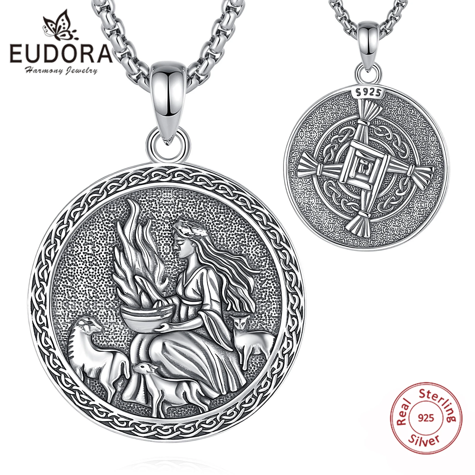 

Eudora 925 Sterling Silver Brigid Goddess Pendant Brigid's Cross Celtic Fire Amulet Necklace Wicca Pagan Jewelry Gift for Unisex