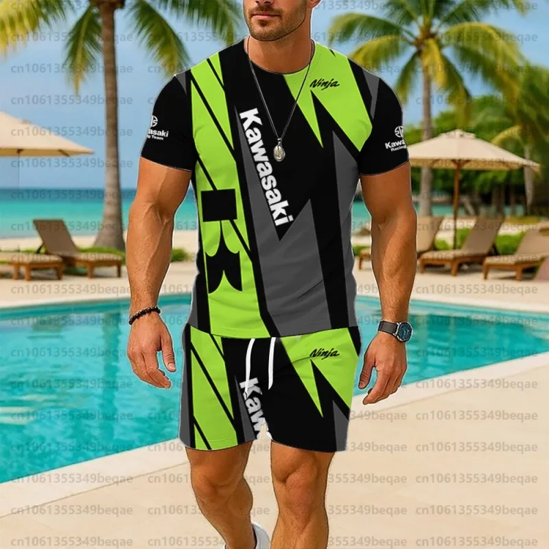 

Men Short Sleeved Outdoor Fashion Kawasaki Rider Motorcycle Pattern T-shirt And Shorts Cool Two-piece Set Daily Hot Selling 1000