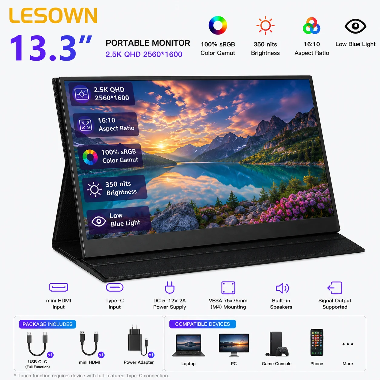 LESOWN 13.3 Inch Compact Computer Monitor 2560x1600 External Screen miniHDTV Type-C Secondary Display for Beelink Desktop