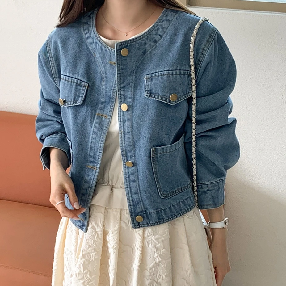 

spring autumn vintage denim short jacket for women o neck long sleeve Single Breasted jeans coat female y2k Streetwear outerwear