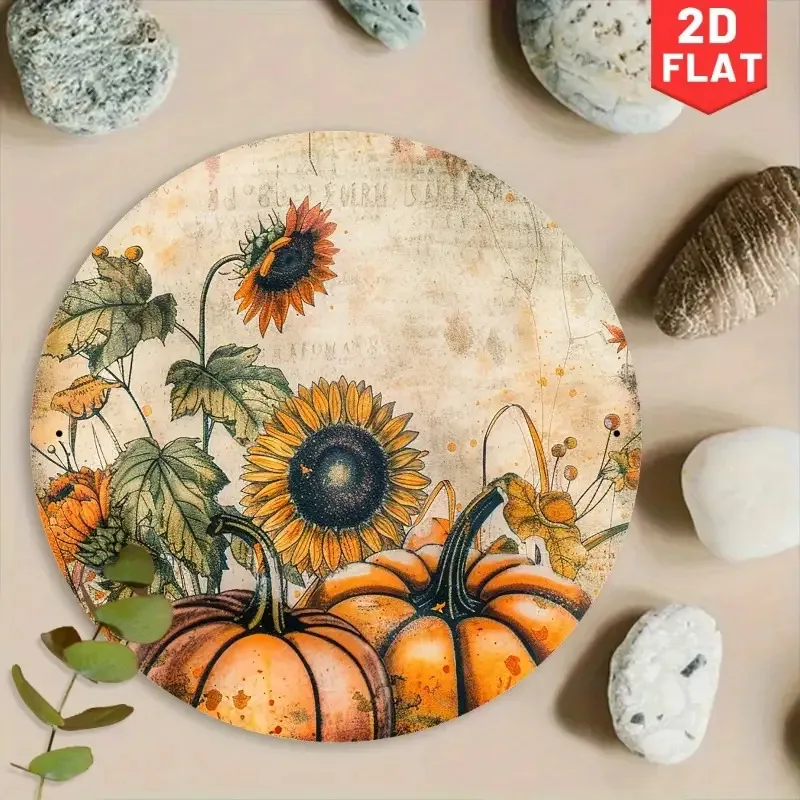 1 Stück 2D 2D flach, 1 Stück rustikale Herbsternte Sonnenblume und Kürbis Aluminium Wandschild – 7,87 Zoll runde Vintage-Herbstdekoration, Anzug
