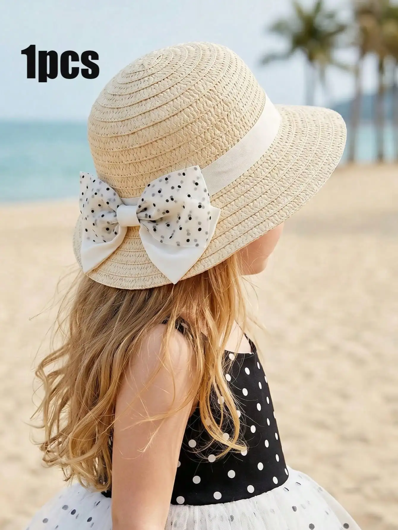 1 Stück beige Strohhut mit Schleife für Mädchen im Alter von 2–5 Jahren, leichter, atmungsaktiver Sommer-Sonnenhut für Strand- und Outdoor-Sportarten