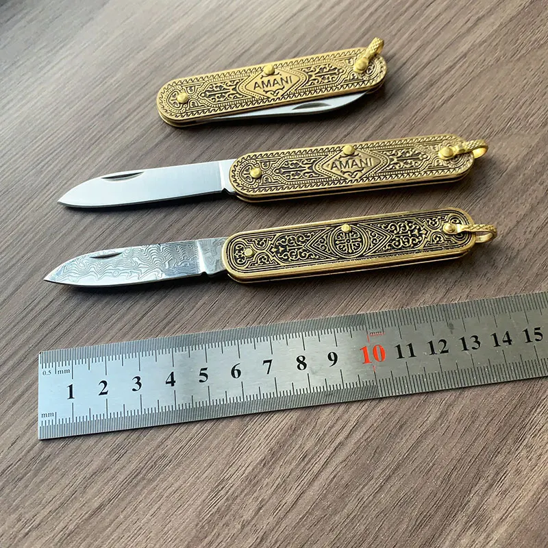 VG 10 Damascus Steel / Stainless Steel Unlocked Small Folding Blade Knife Brass Handle Outdoor Camping Portable Pocket Knives