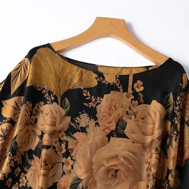 Birdtree Summer 100% Silk Tshirt,Women Pearl Satin Dolman Sleeve Printing Loose Boat Neck Shirt,2025 New T56619JF