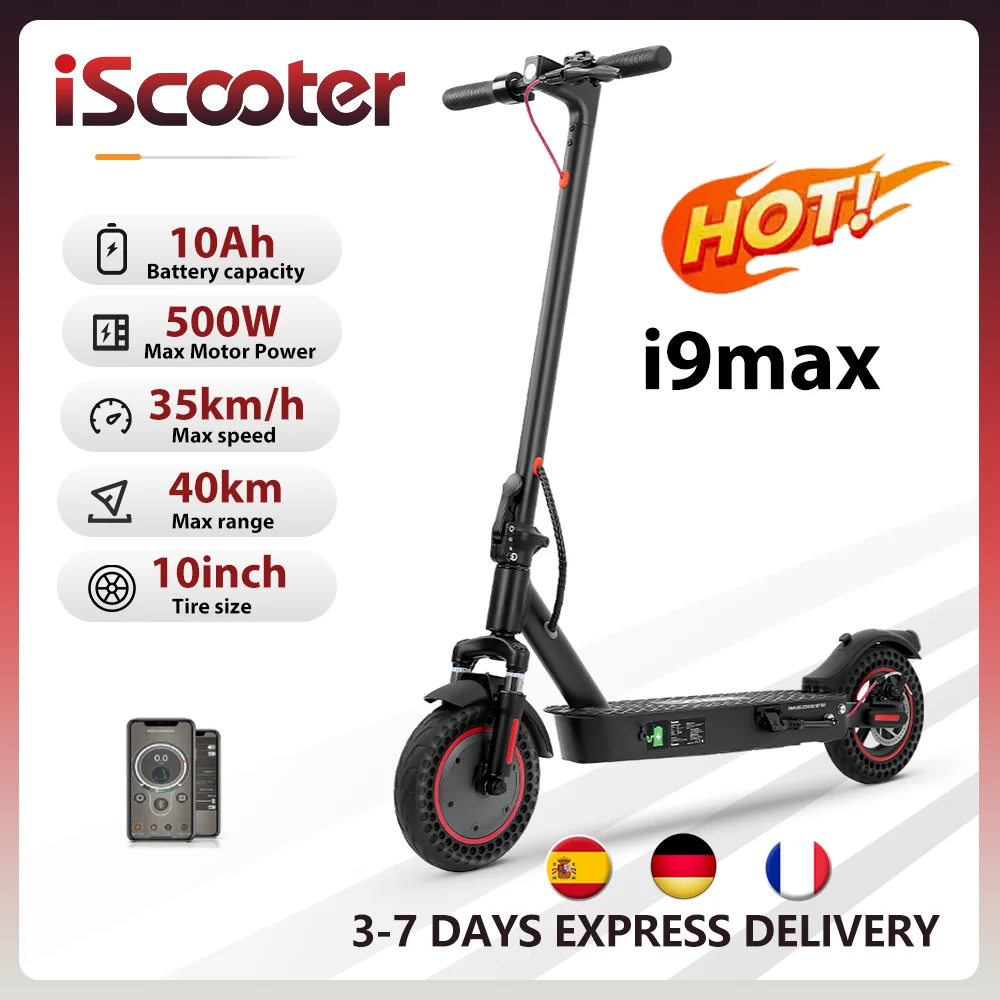 IScooter-patinete eléctrico i9max, 36V, 10Ah, 500W, 30-40km, doble suspensión, 15-35 km/h de velocidad, 10 pulgadas, con aplicación