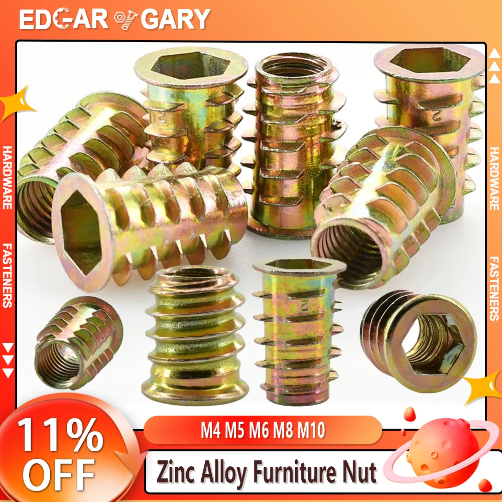 M4 M5 M6 M8 M10 Zinc Alloy Furniture Nut Hex Drive Insert Nuts T-Type Woodworking Wood Insertnut Table Desk Chair Bed Nutsert