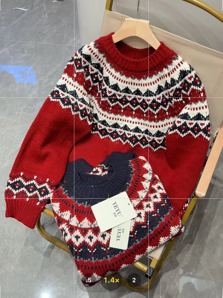 เสื้อสเวตเตอร์ถักลาย Fair Isle สไตล์เรโทร ทรงกลม สำหรับผู้หญิง ฤดูใบไม้ร่วง ฤดูหนาว เสื้อคลุมกันหนาว ซีรีส์ Cisas ทรงโอเวอร์ไซส์ แขนยาว