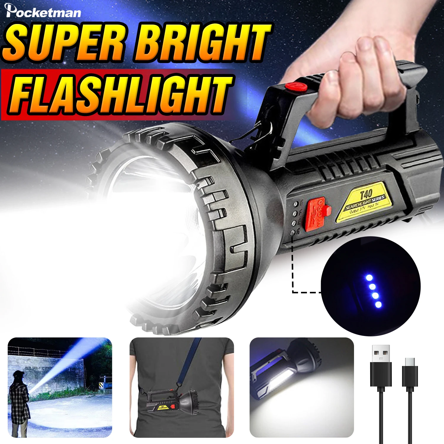 

Multi-functional LED Searchlight Hand Lamp Type-C USB Rechargeable Flashlight Portable Long Range Torch High Power Work Light