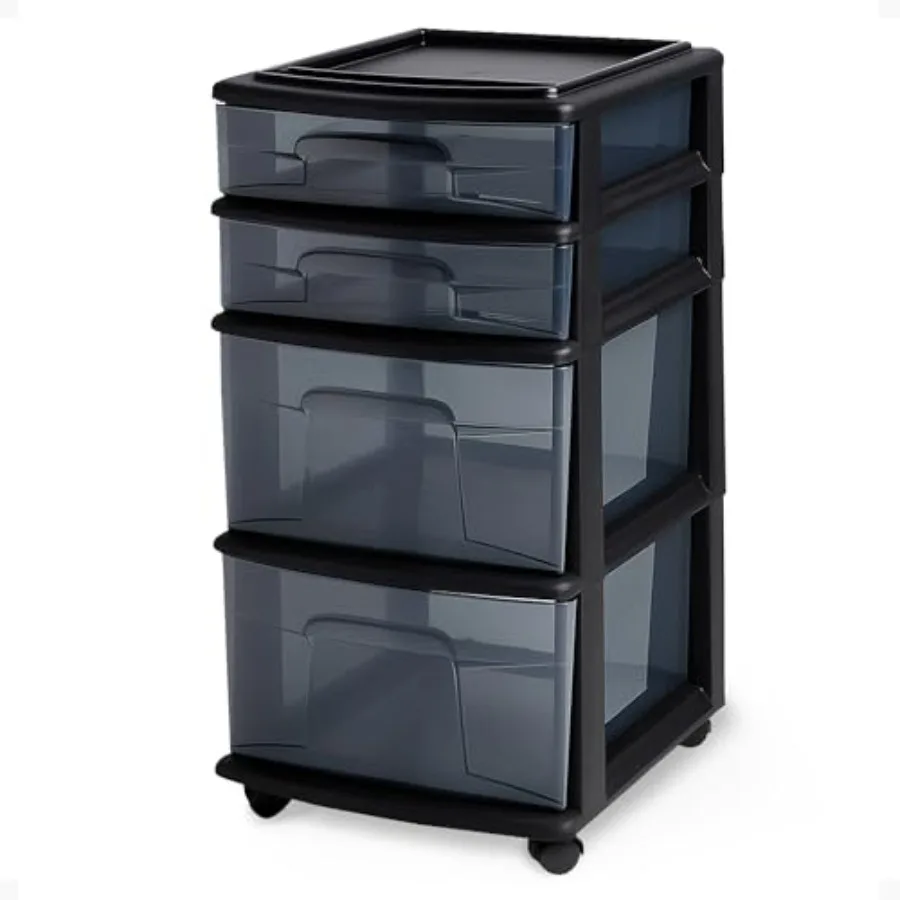 

Drawer Tower 4-Tier Clear Plastic Storage Organizer Cart Black Frame - Rolling Drawer Containers with Wheels for Bathroom Bedro