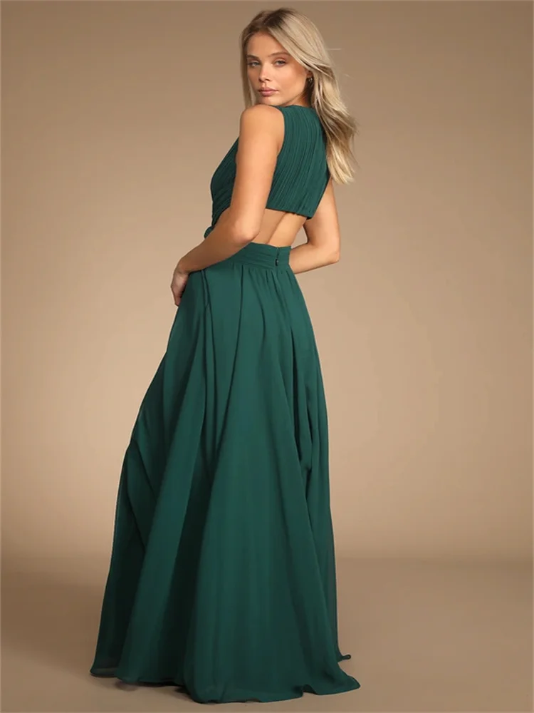 Customized Simple Emerald Green Hollow Maxi Dress, Chiffon Fabric Deep V-neck Cross-waist, sexy Side Hollow A-line Evening Dress