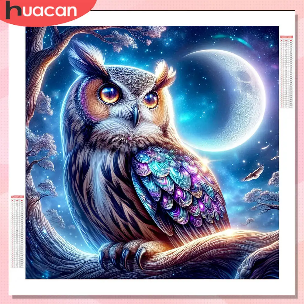 

HUACAN 5D Diamond Painting Owl Animal Full Square Round Drill Wall Decor Diamond Mosaic Moon Rhinestones