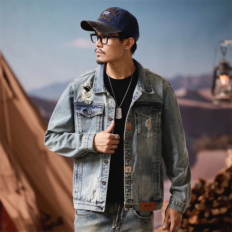

2025 Retro Hole Denim Jacket Men's Spring Autumn New Trend Brand Cool American Retro Style Casual Jacket for Men