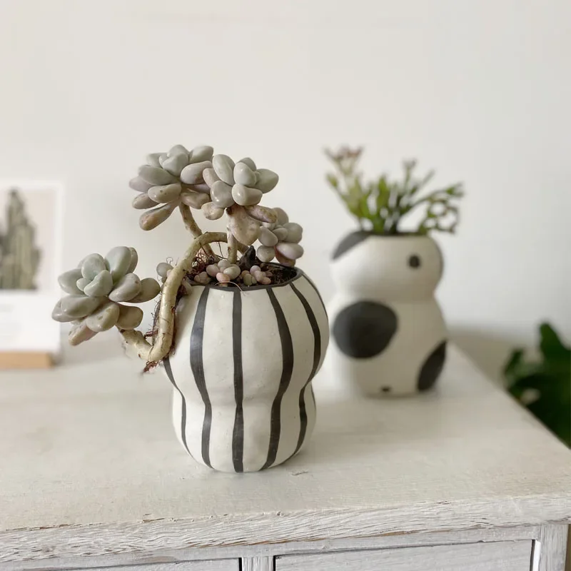 Nordic Ins Creative Ceramic Striped Flower Pot Vase Balcony Succulents Bonsai Pot Crafts Garden FlowerPot Decoration Accessories