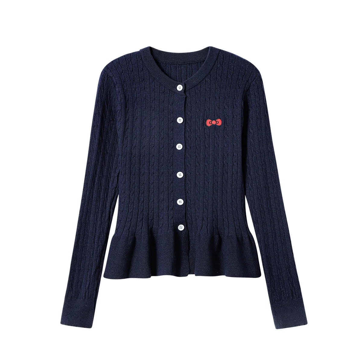 

Embroidered Bowknot Women's Knitted Cardigan Round Neck Long Sleeve Ruffle Hem Slim Fit Sweater Autumn Single Breasted Knitwear
