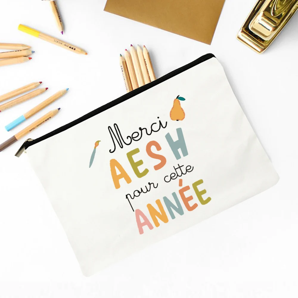 Trousse de maquillage imprimée en français, trousse de toilette de voyage, sacoches à crayons scolaires, cadeau diplômé pour Maitresse Atsem Aesh Avs