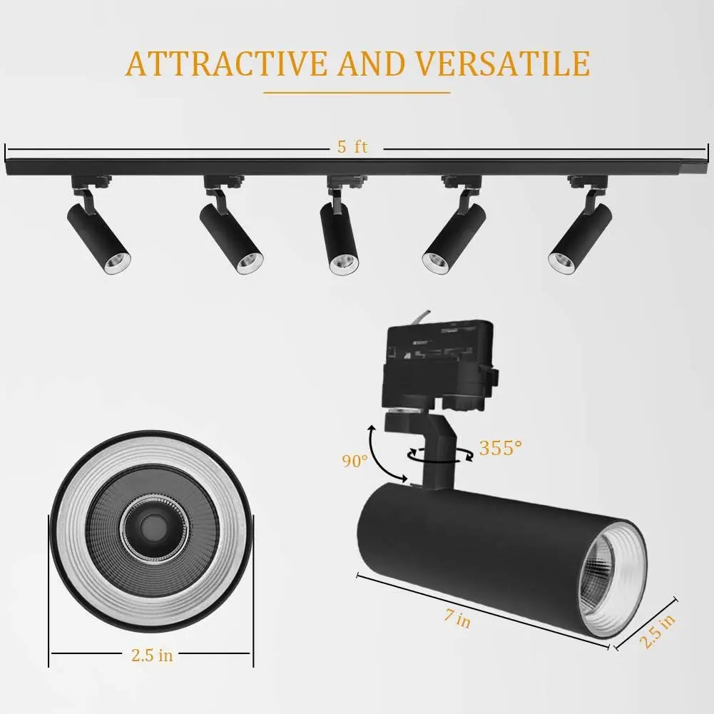 5-LED 1500 Lumens 3000K Track Lighting Kit, Adjustable Track Head Easy Installation, LED Bulbs Included, Black
