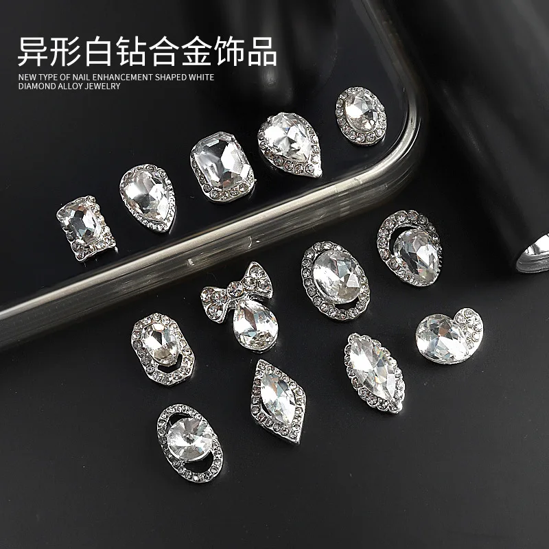 10Pcs Ice Permeating Luxury Water Droplets Transparent Bling White Crystal Diamond Alloy Rhinestone Bow Nail Art Charm Decor