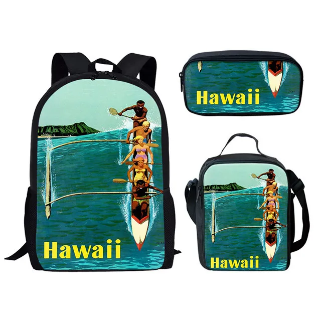 Tas punggung 3 buah/set pemandangan pulau Hawaii musim panas tas sekolah Gambar cetak lanskap tas buku siswa tas makan siang remaja kotak pensil