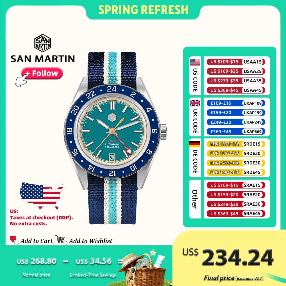 

San Martin Original Design Men Watch 39.5mm GMT Swim Sport NH34 Automatic Mechanical Wristwatch Waterproof 100m Luminous SN0116