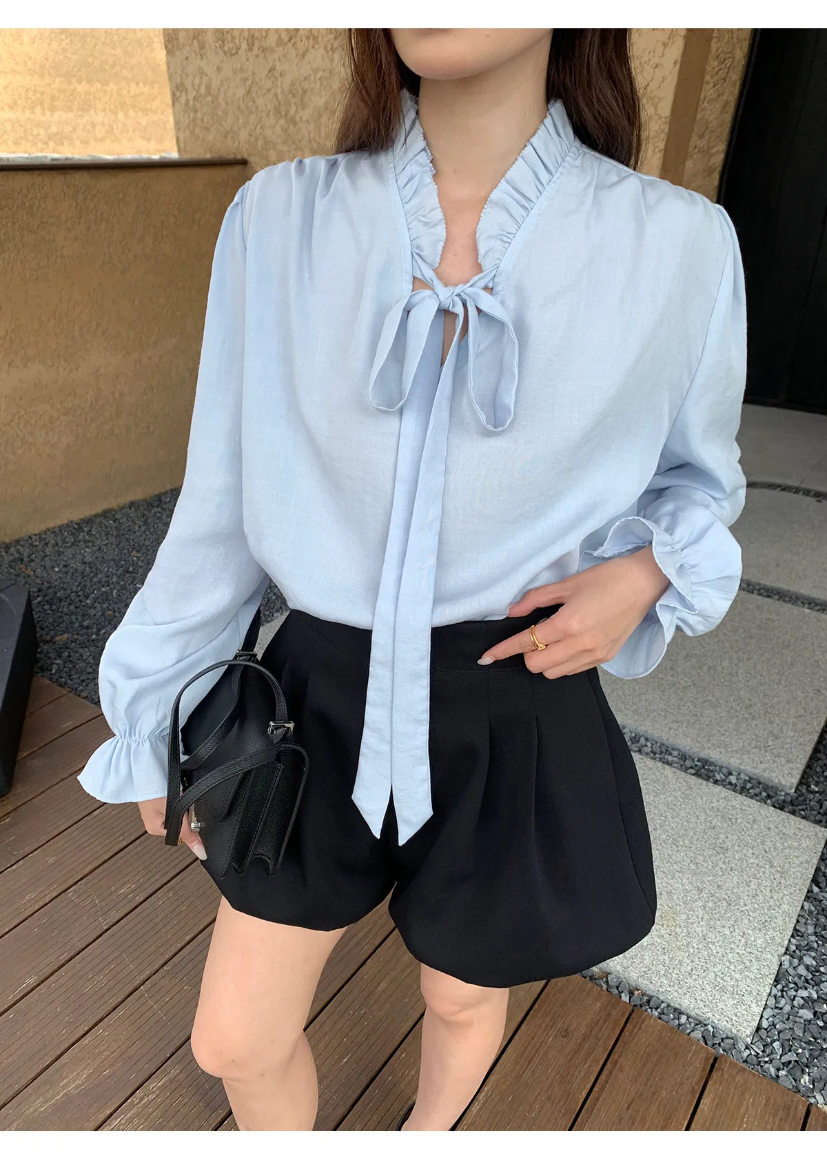 【WENRAN】Women's Light Blue Shirt Ruffle Trim Tie Neck Loose Stylish Blouse Summer Daily Wear view 6