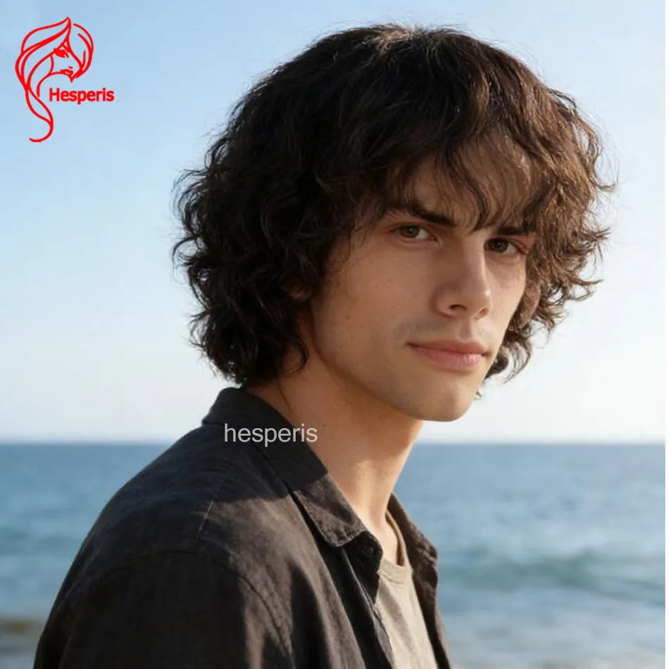 

Hesperis Men's Lace Front Wig Human Hair Curly Short Style with Bangs 13x6 Deep Part Male Hairpiece Human Hair Wig With Bangs