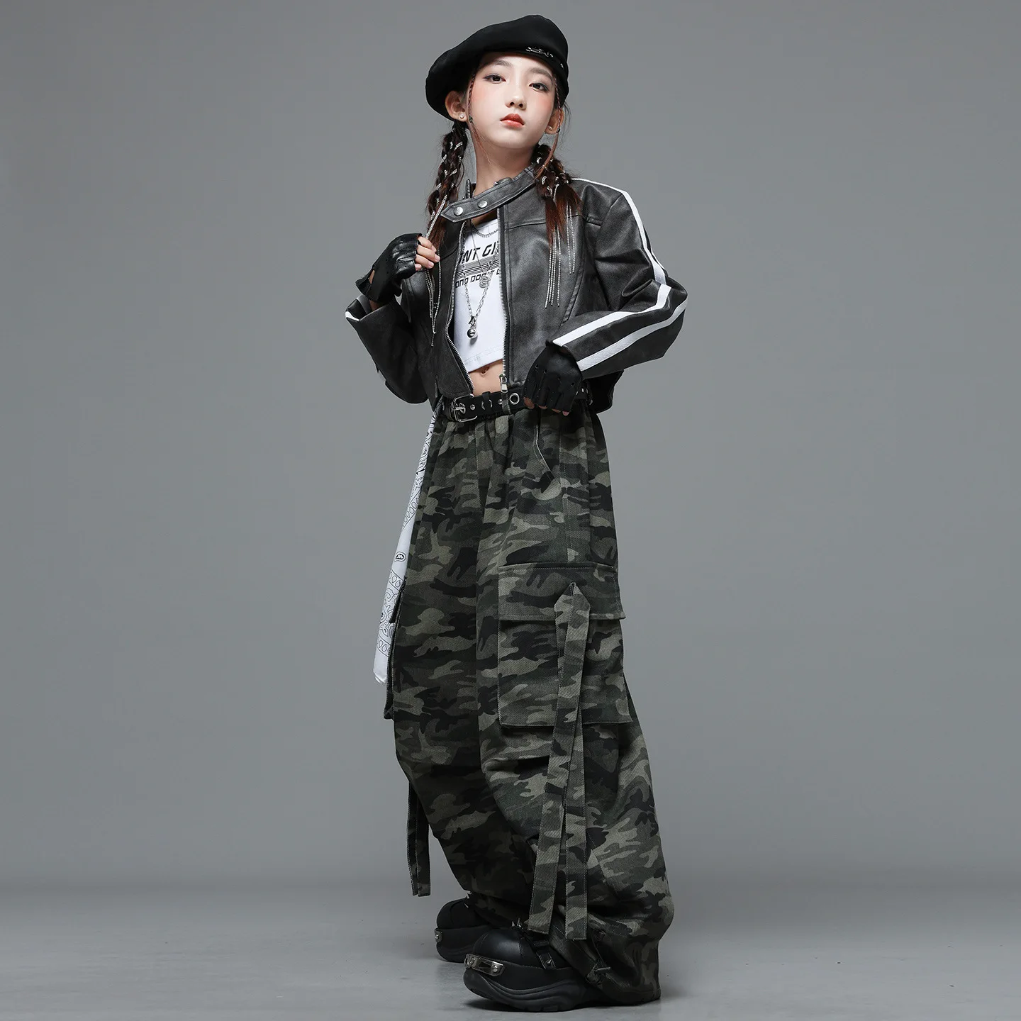 طفل Kpop الهيب هوب الملابس البني بولي Leather الجلود المحاصيل سترة أعلى كامو حزام المظلة البضائع السراويل لفتاة الجاز ملابس رقص الملابس #4