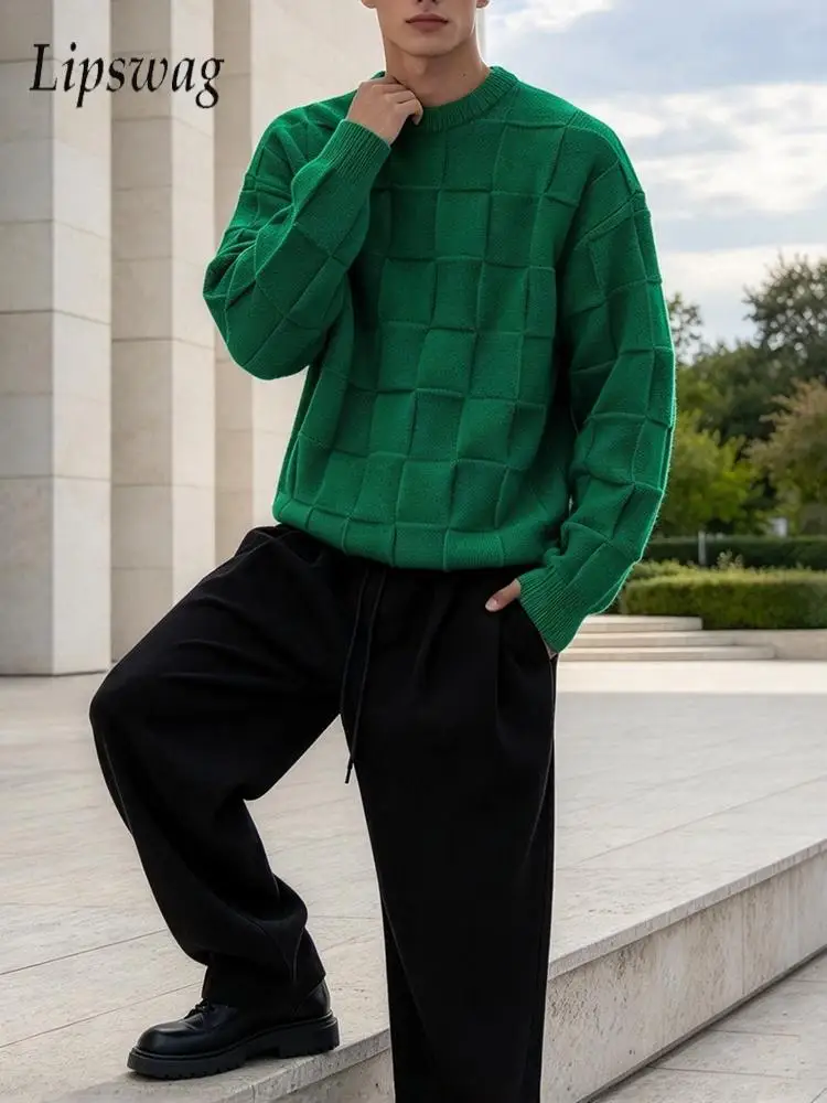 Vintage Square Texture Jumper Mens 2026 Autumn Loose Knit Pullover Sweater Male Daily Outdoor Solid Color Knitting Tops