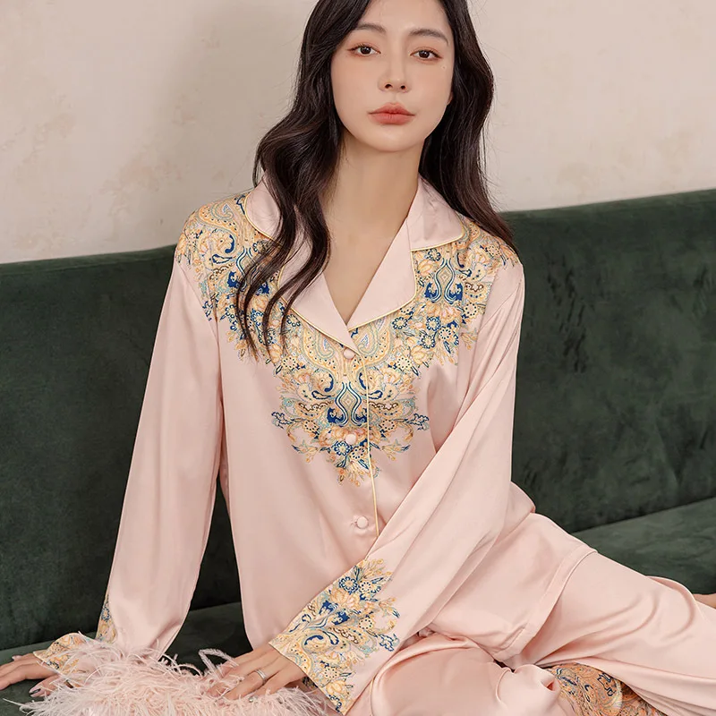 Long Sleeved Printed Pajamas Spring Autumn Shirts Pant Loungewear Satin Intimate Lingerie Nightwear Women's Sexy Lapel Sleepwear