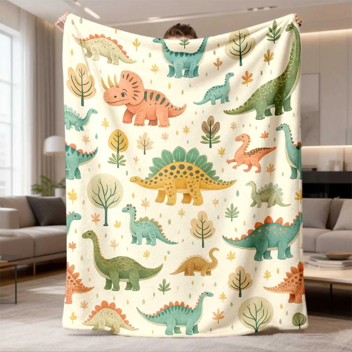 Soft Color Cartoon Various Dinosaurs Minimal Autumn Leaf Tree Cream Background Pattern Flannel Throw Blanket, Warm Cozy Blanket