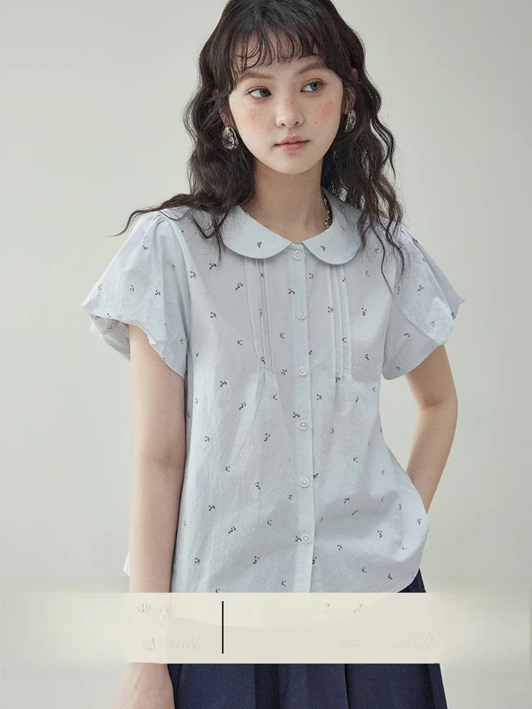 

AMUU Original Sweet Style Pure Cotton Floral Print Shirt Summer Short Sleeve Baby Doll Collar Single Button Bubble Sleeve Top