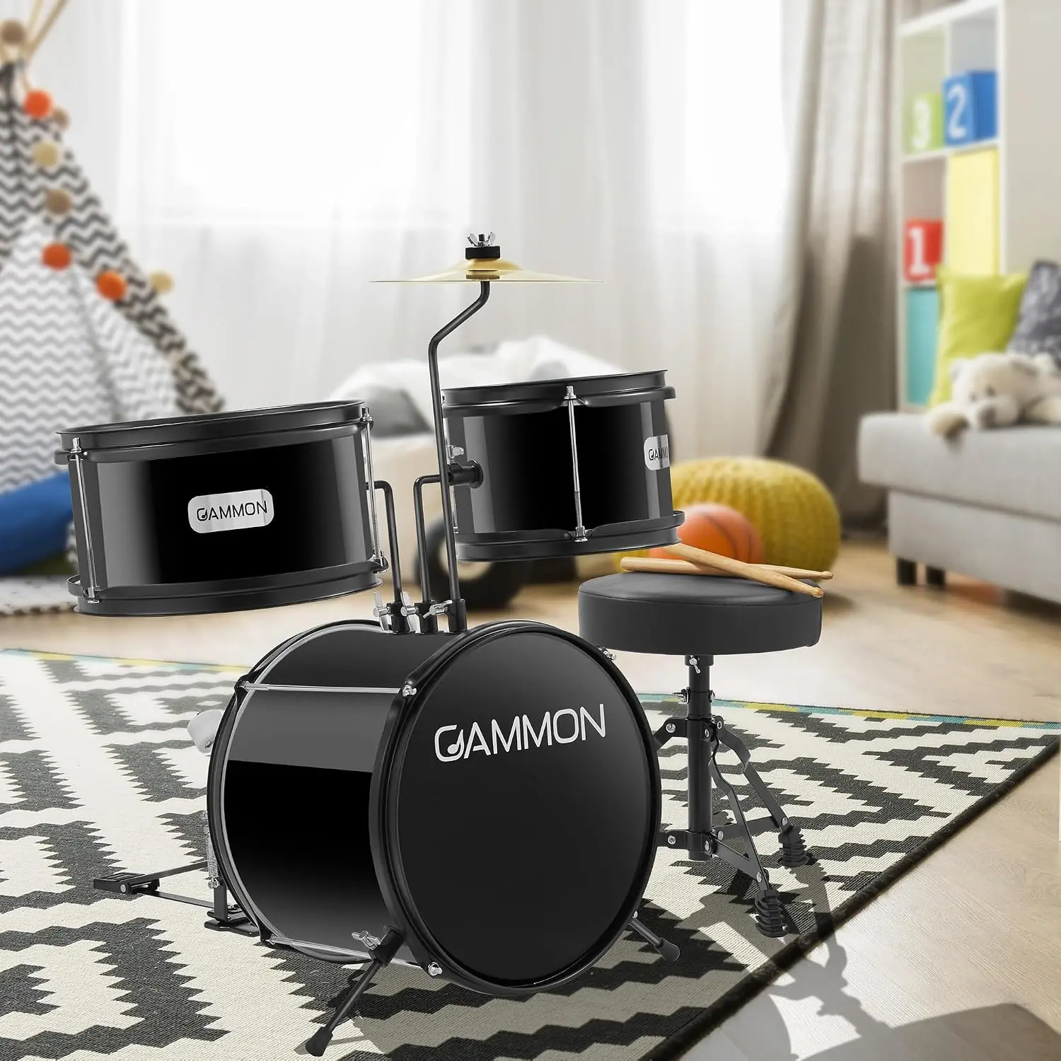 3-Piece Kids Drum Set for Juniors and Beginners with Throne, Bass Drum, Toms, Cymbal, Pedal, and Drumsticks