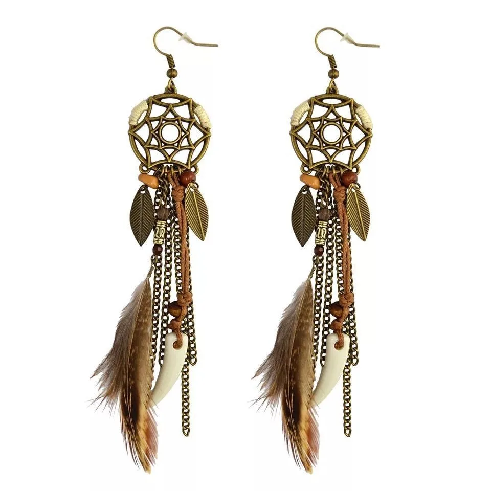 Boho Tribal etnico Vintage Dream Catcher piuma foglia lunga nappa orecchini pendenti gioielli per le vacanze delle donne