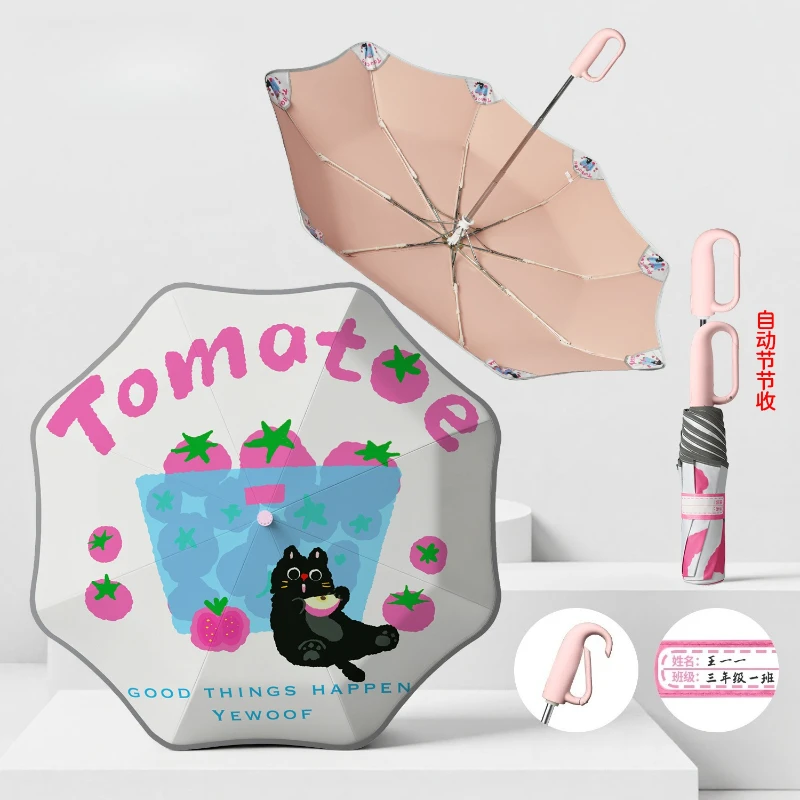 Anti-Rebound Kids Umbrella Cute Crocodile Folding Umbrella with Carabiner Ring & Rounded Tips UPF 50+ Rain Umbrella for Students