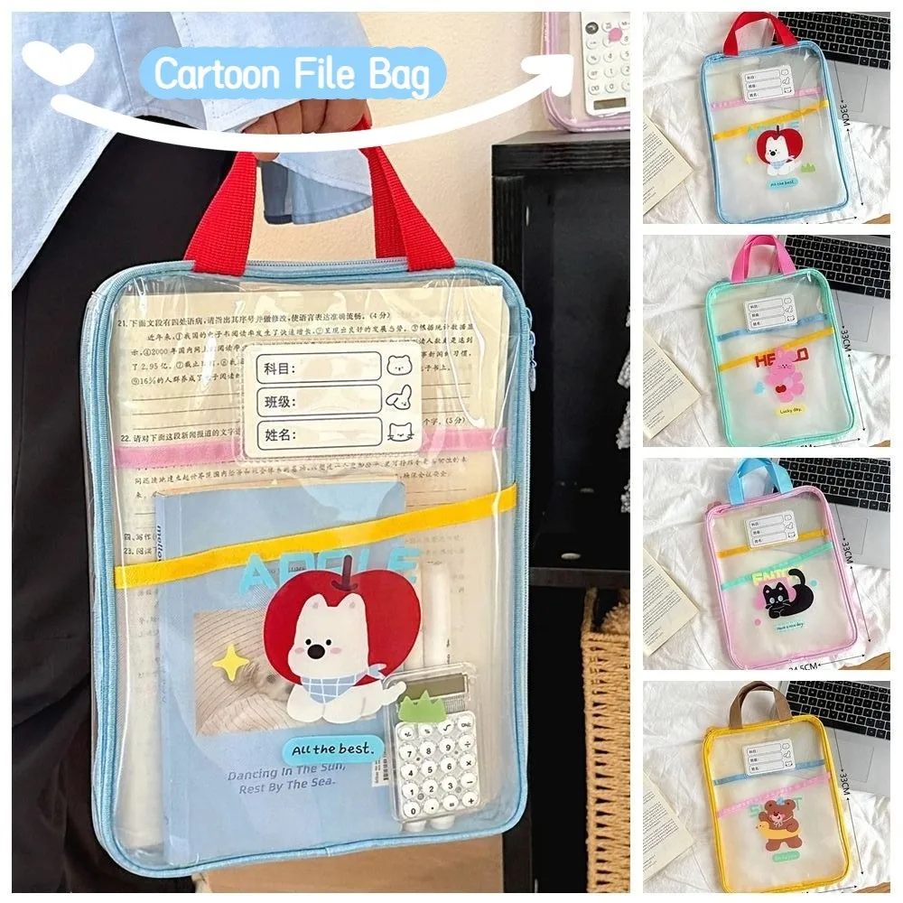 Portable Multifunctional Cartoon File Bag Transparent Bear Test Paper Storage Bag Cat Pocket File Folder Bag Kids