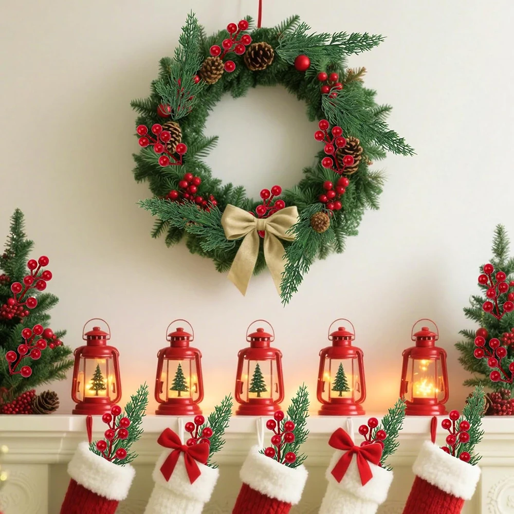 فروع الصنوبر الاصطناعي مع ينبع التوت الأحمر فو دائمة الخضرة أوراق الشجر الصنوبر السرو يترك ينبع DIY بها بنفسك عيد الميلاد جارلاند الأشجار ديكور #4