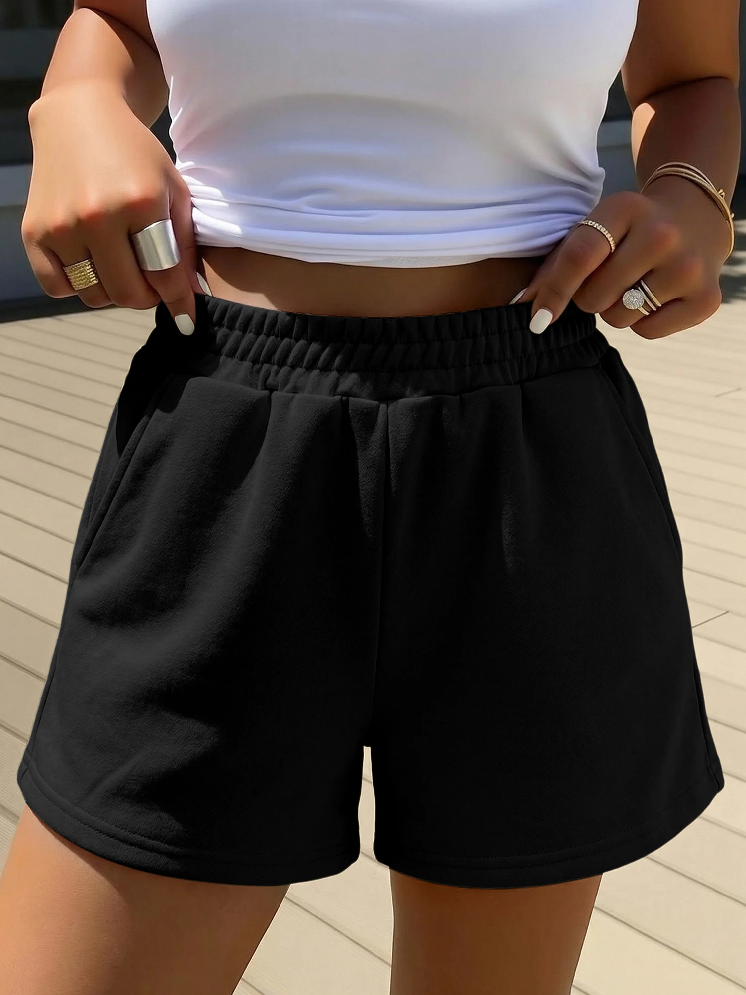 Women Solid Casual Sweat Shorts Elastic High Waist Loose Running Short Pants With Pockets Soft Workout Bottoms Daily Streetwear