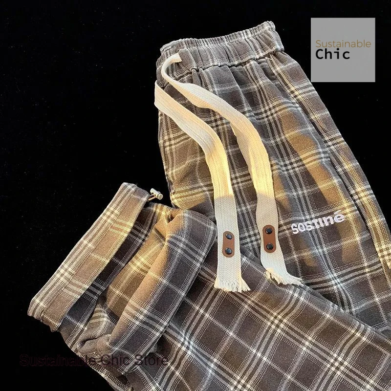 Korean style plaid wide-leg pants women retro casual sweatpants Spring and Autumn new Korean version of loose straight pants.