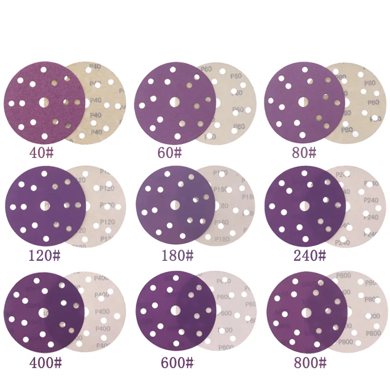 6 Inch 15Holes Hook and Loop Sanding Discs Kit 50Pcs 40-400 Grit 150mm Purple Film Ceramic Sanding Disc for Putty Paint Metal